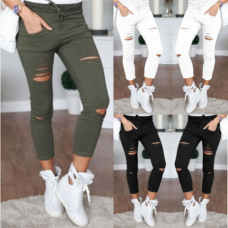 Women Skinny Ripped Pants High Waist Stretch Pencil Pants