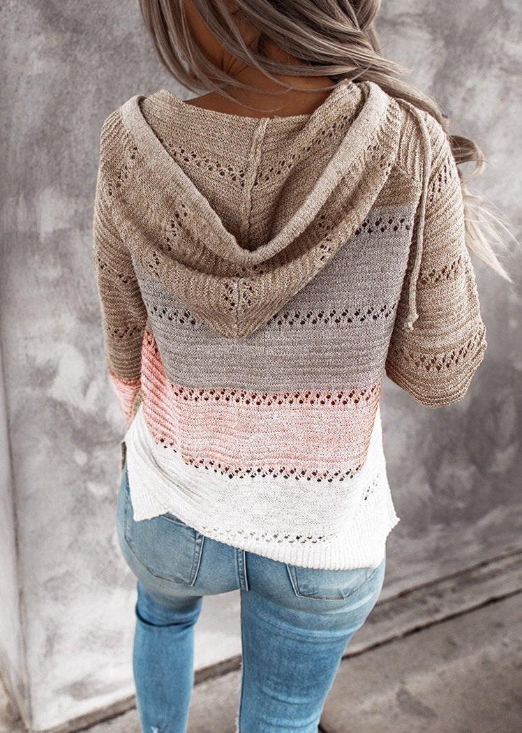 Fashion Women Striped Lightweight High-elastic Long Sleeves Hoodie Outerwear Pullover Knited Sweater