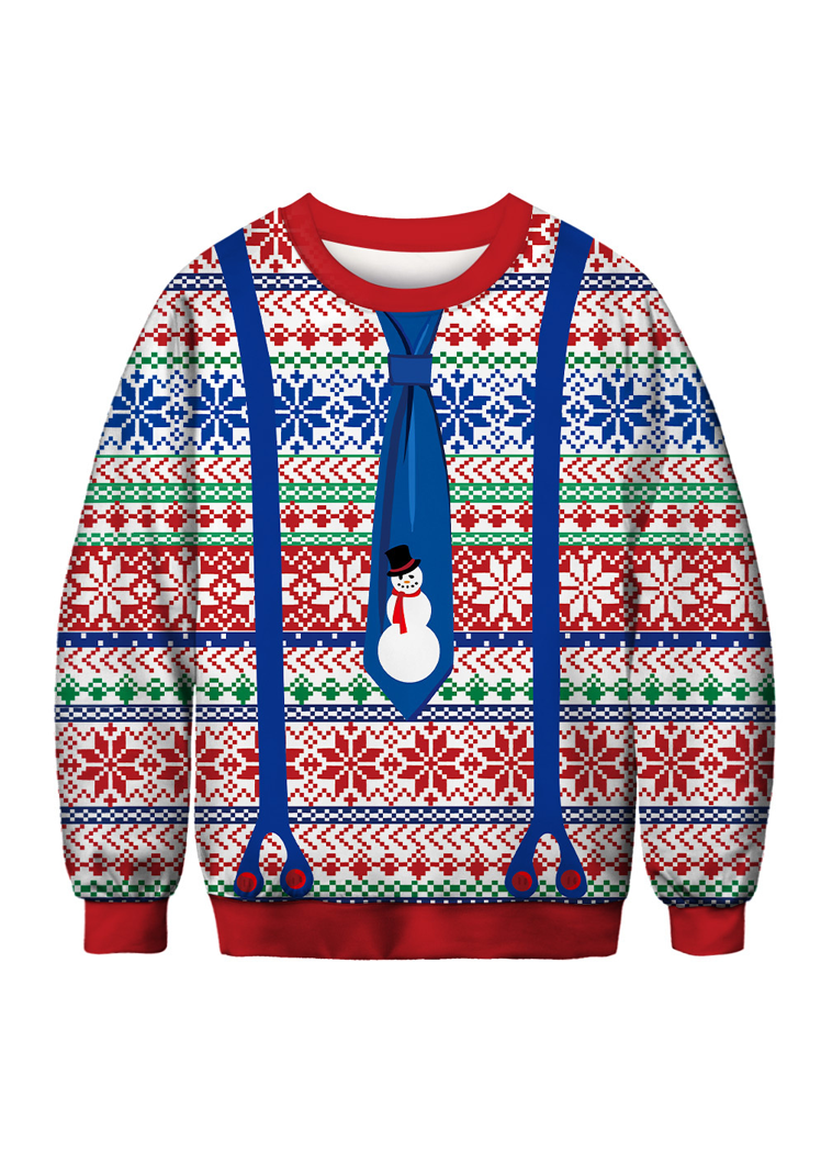 Fashion Snowman Print Long Sleeve Round Neck Christmas Blue Pullover Tops