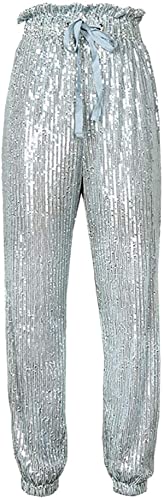 Womens Black Sequin Bling Legging Joggers Pencil Pants with Drawstring