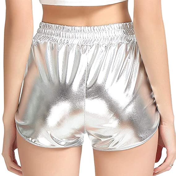 Women Metallic Shorts Elastic Waist Shiny Sparkly Rave Pants