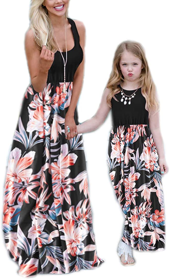 Mommy and Me Dresses Casual Floral Family Outfits Summer Matching Maxi Dress With Pockets