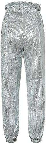Womens Black Sequin Bling Legging Joggers Pencil Pants with Drawstring