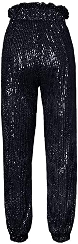 Womens Black Sequin Bling Legging Joggers Pencil Pants with Drawstring