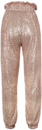 Womens Black Sequin Bling Legging Joggers Pencil Pants with Drawstring