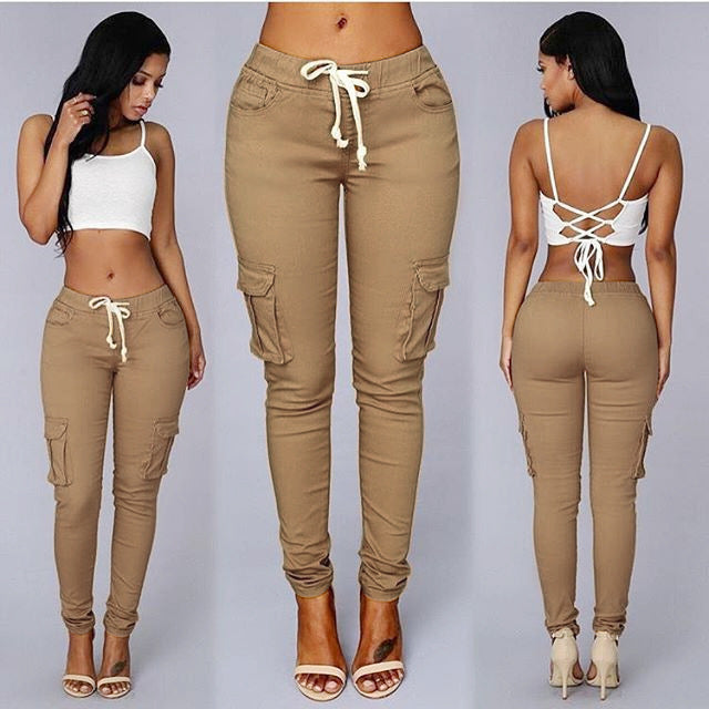 Women's Fashion Multi Pockets Casual Pants with Drawstrings