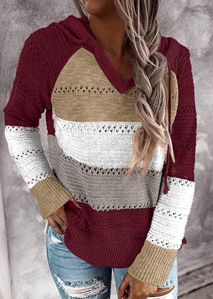 Fashion Women Striped Lightweight High-elastic Long Sleeves Hoodie Outerwear Pullover Knited Sweater