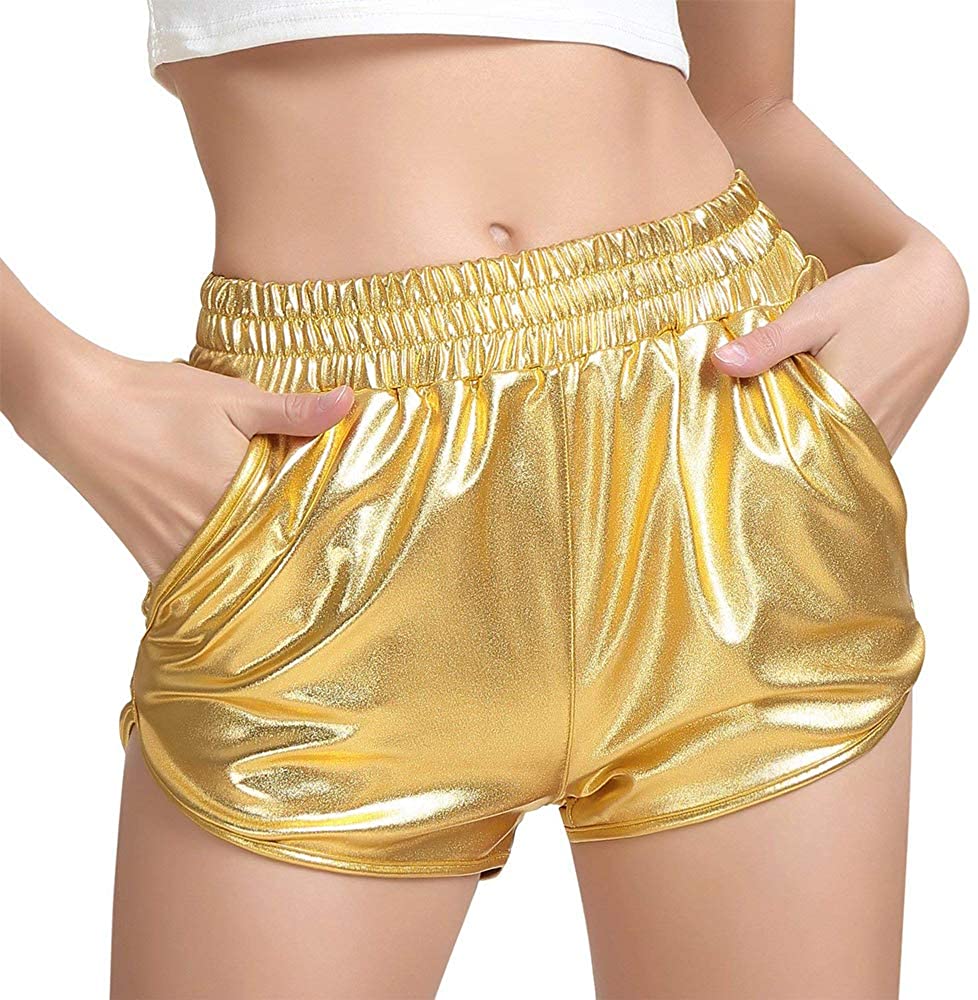Women Metallic Shorts Elastic Waist Shiny Sparkly Rave Pants