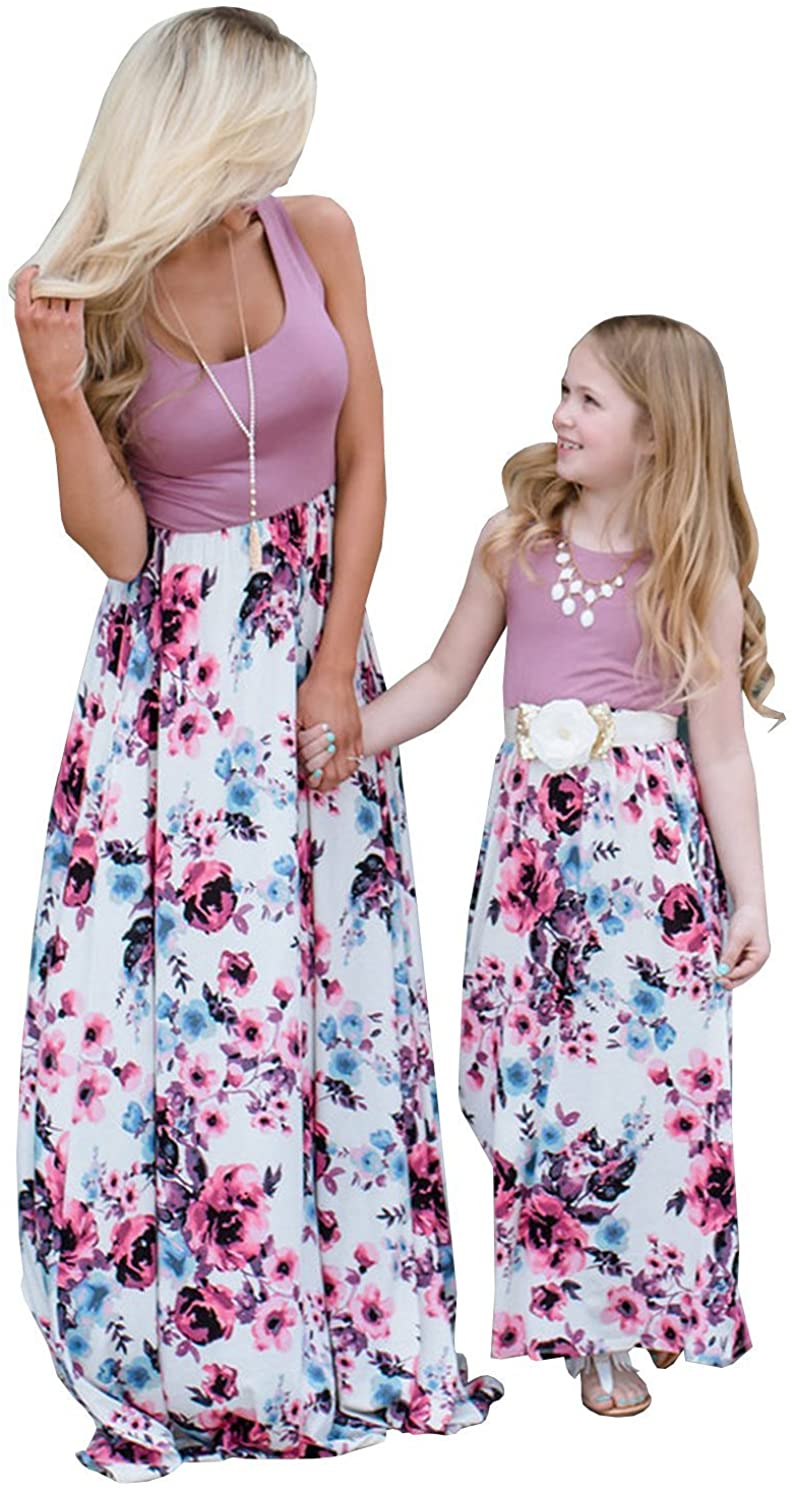 Mommy and Me Dresses Casual Floral Family Outfits Summer Matching Maxi Dress With Pockets