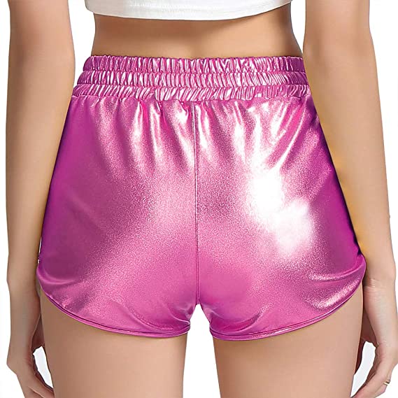 Women Metallic Shorts Elastic Waist Shiny Sparkly Rave Pants