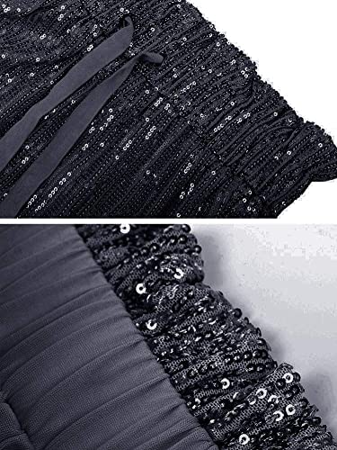 Womens Black Sequin Bling Legging Joggers Pencil Pants with Drawstring