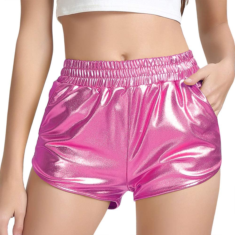 Women Metallic Shorts Elastic Waist Shiny Sparkly Rave Pants
