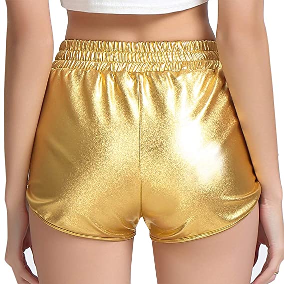 Women Metallic Shorts Elastic Waist Shiny Sparkly Rave Pants