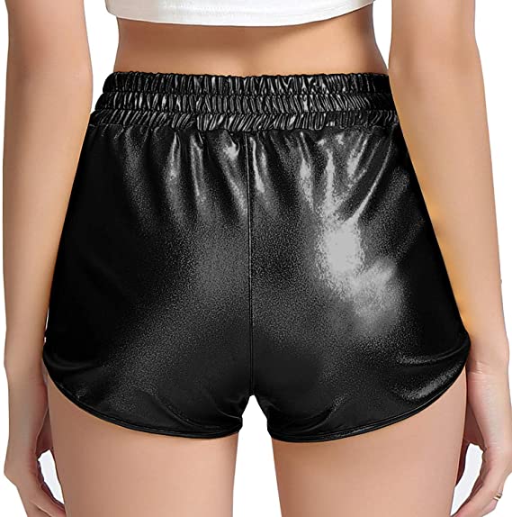 Women Metallic Shorts Elastic Waist Shiny Sparkly Rave Pants