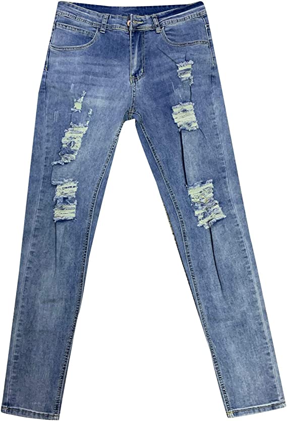 MEN Jeans Solid Color Ripped Holes Washed Trousers