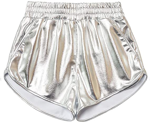 Women Metallic Shorts Elastic Waist Shiny Sparkly Rave Pants