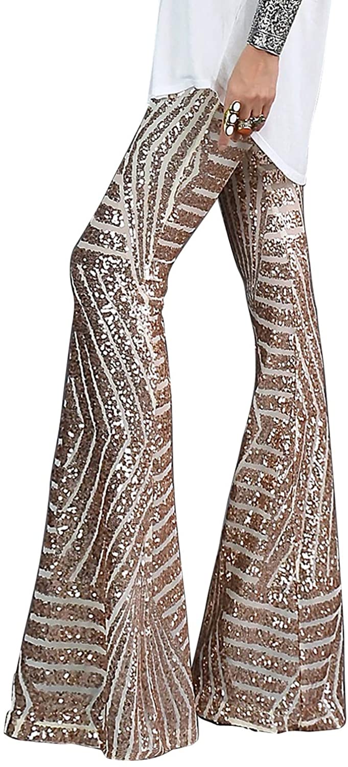 Women High Waist Wide Leg Palazzo Lounge Pants Sequin Bell Bottoms Trousers