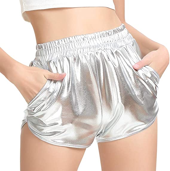Women Metallic Shorts Elastic Waist Shiny Sparkly Rave Pants
