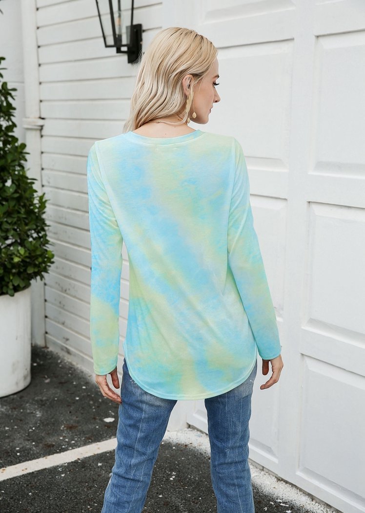 Chicvane New Tie Dye V-Neck Long Sleeve Top Shirts For Women