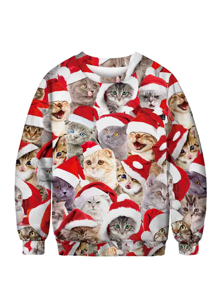 Fashion Cute Cats Print Round Neck Long Sleeve Christmas Pullover Tops