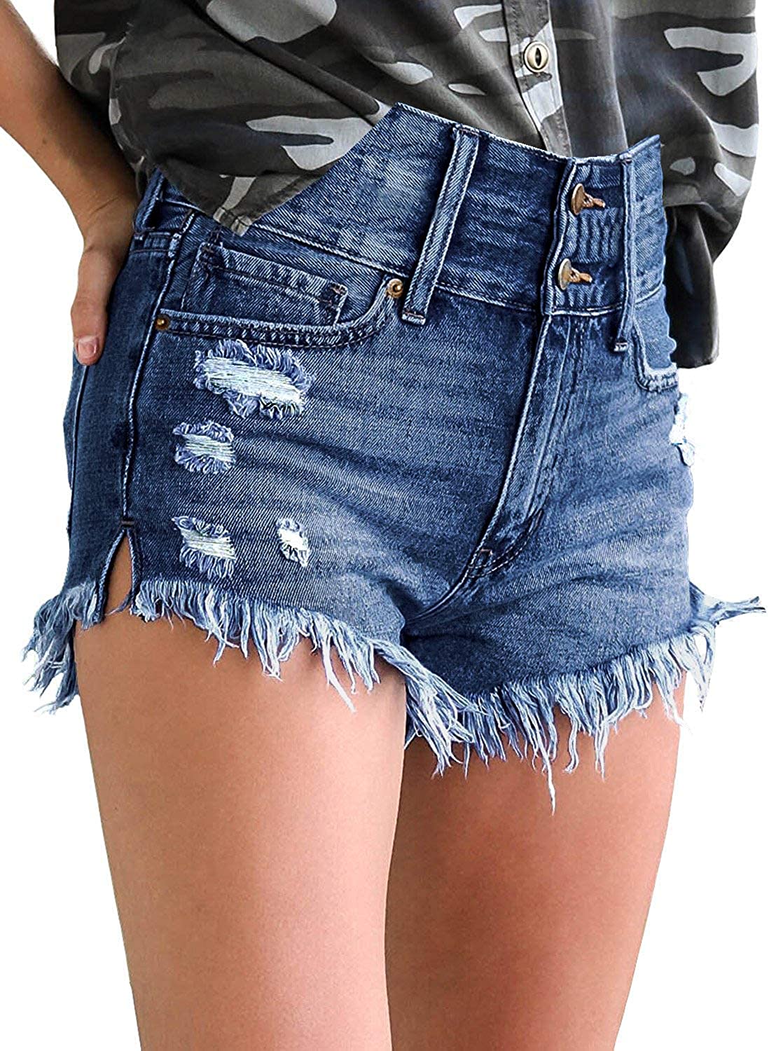 Women Casual High Stretchy Denim Shorts Frayed Raw Hem Ripped Jeans Shorts