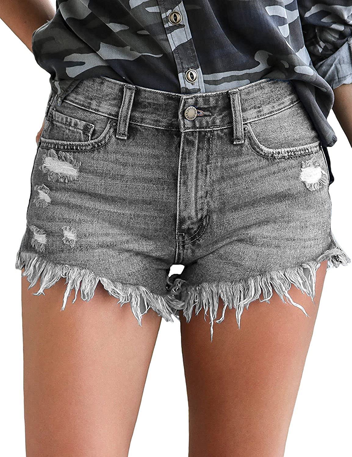 Women Casual High Stretchy Denim Shorts Frayed Raw Hem Ripped Jeans Shorts