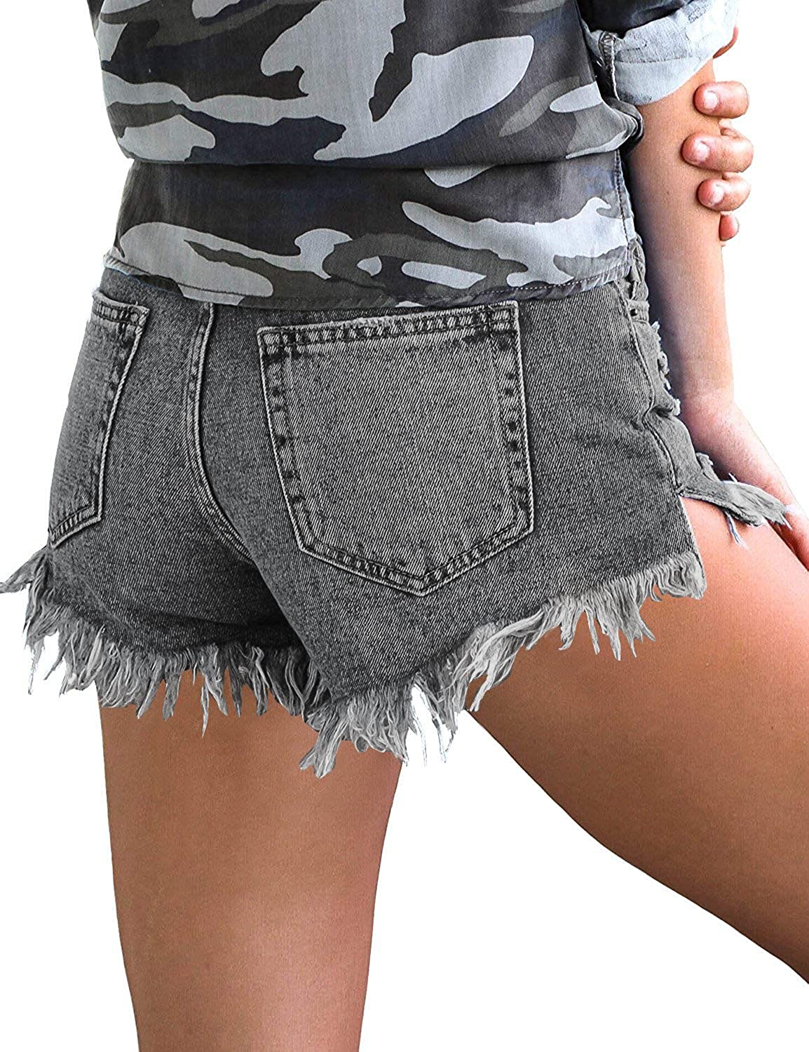 Women Casual High Stretchy Denim Shorts Frayed Raw Hem Ripped Jeans Shorts