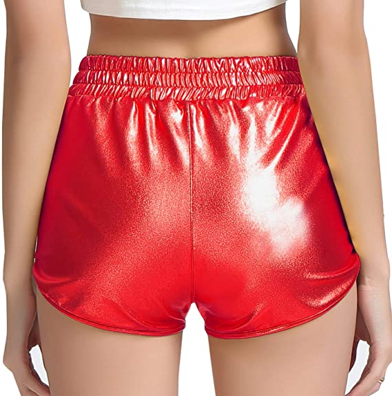 Women Metallic Shorts Elastic Waist Shiny Sparkly Rave Pants