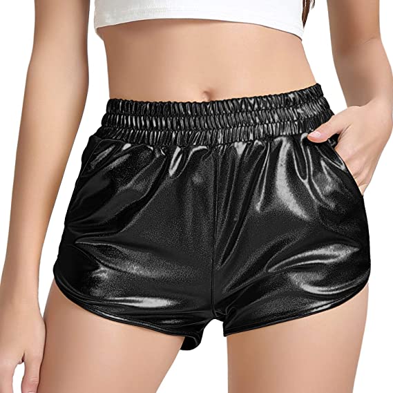 Women Metallic Shorts Elastic Waist Shiny Sparkly Rave Pants