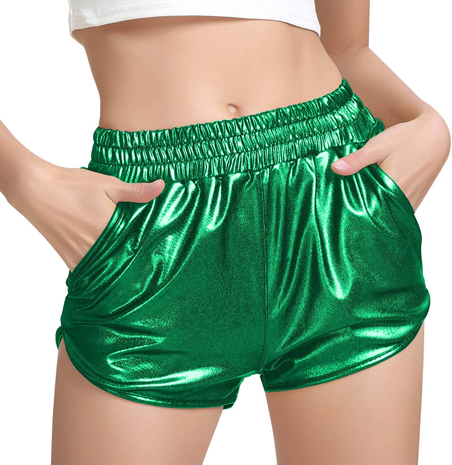 Women Metallic Shorts Elastic Waist Shiny Sparkly Rave Pants