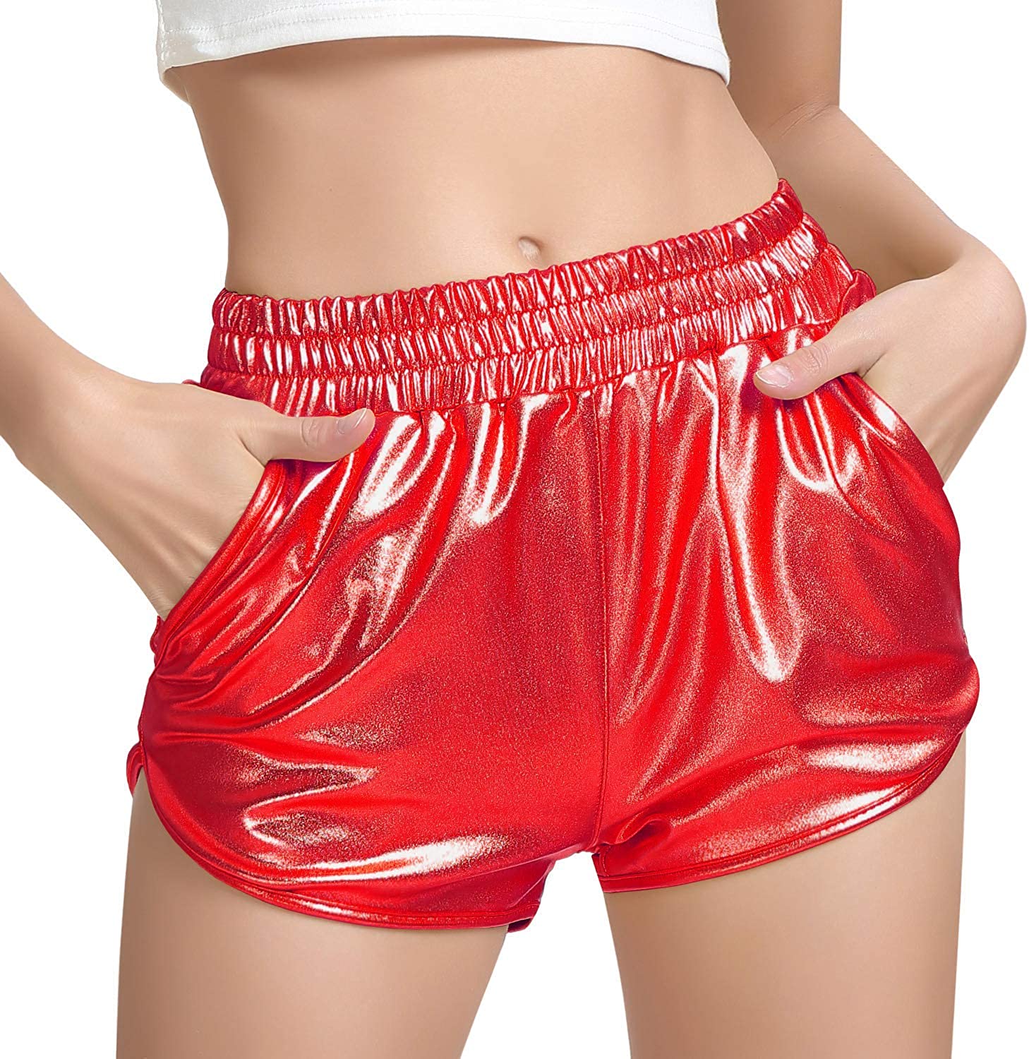 Women Metallic Shorts Elastic Waist Shiny Sparkly Rave Pants