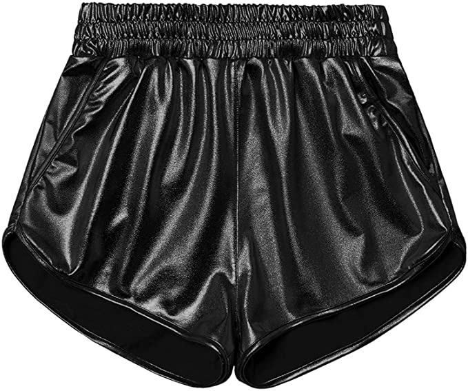 Women Metallic Shorts Elastic Waist Shiny Sparkly Rave Pants