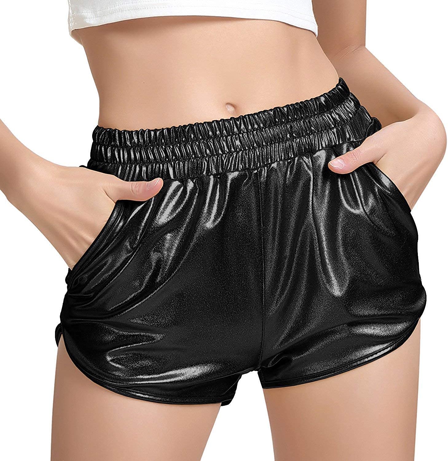 Women Metallic Shorts Elastic Waist Shiny Sparkly Rave Pants