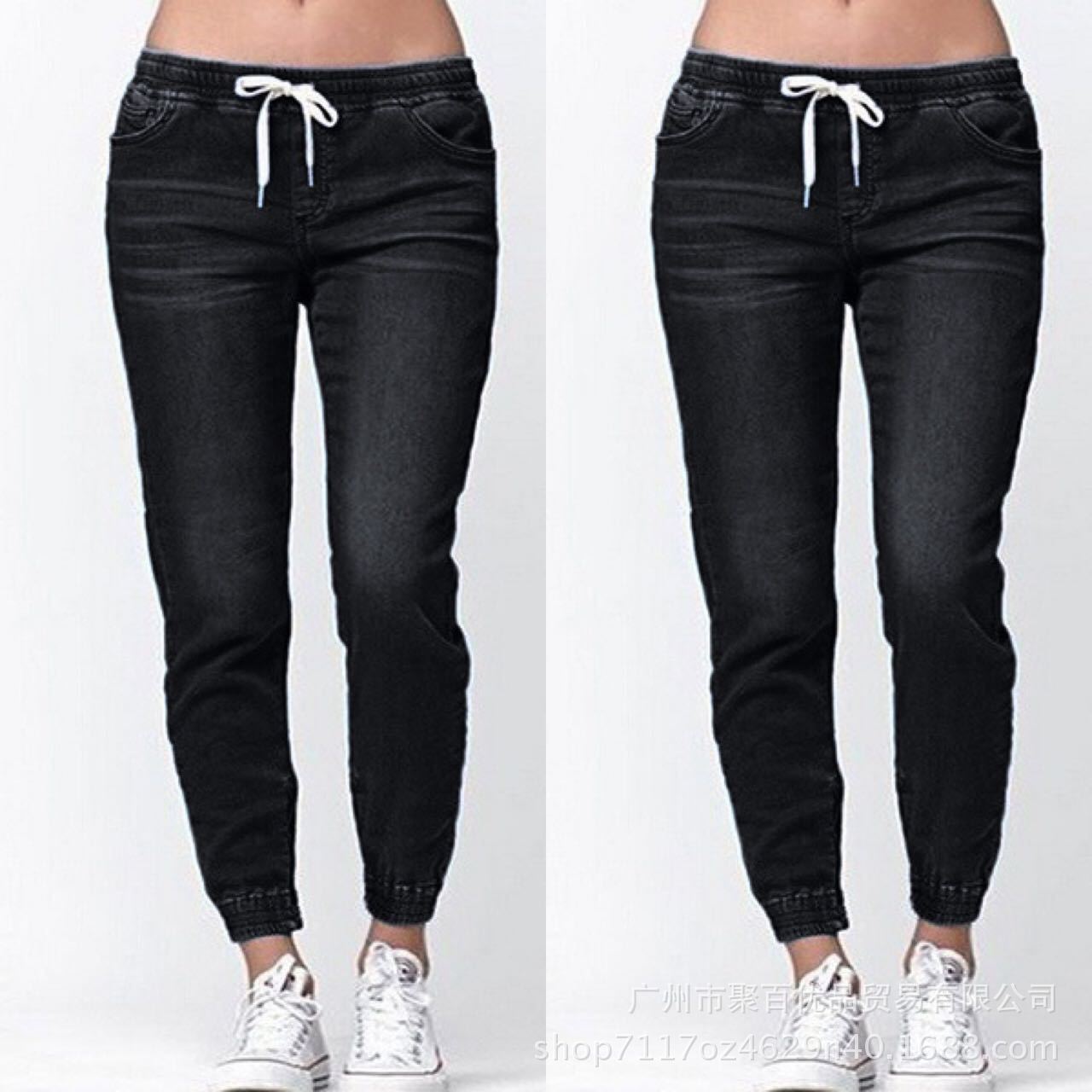 Womens Active Stretch Drawstring Joggers Pants Pull On Distressed Elastic Denim Shorts