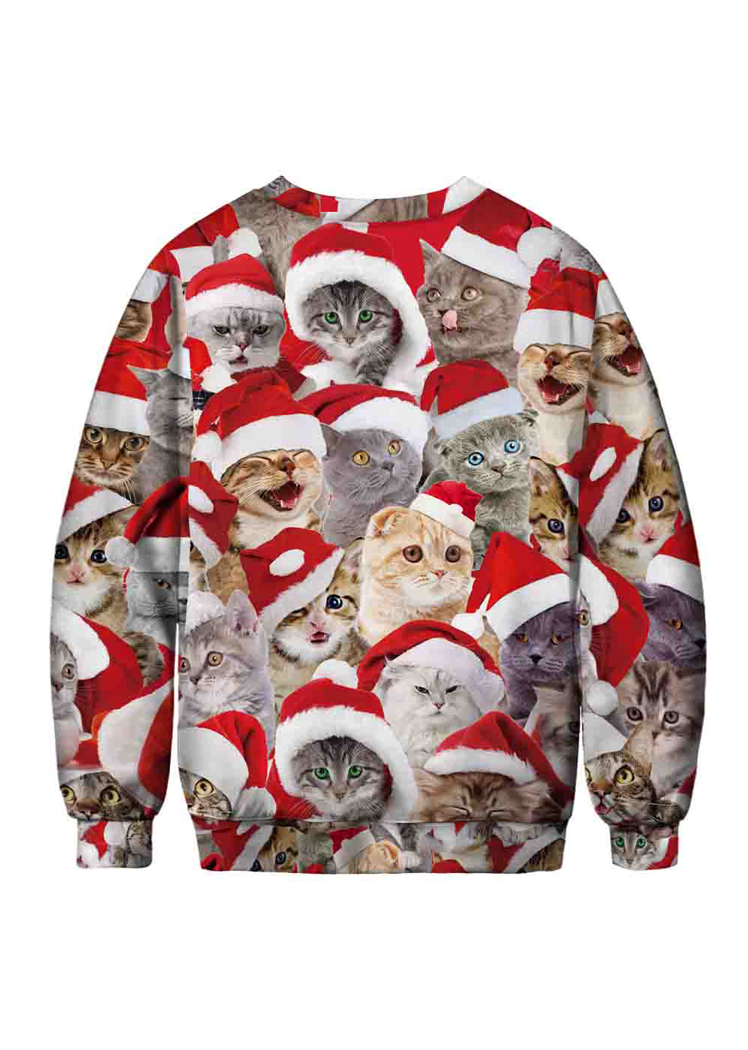Fashion Cute Cats Print Round Neck Long Sleeve Christmas Pullover Tops