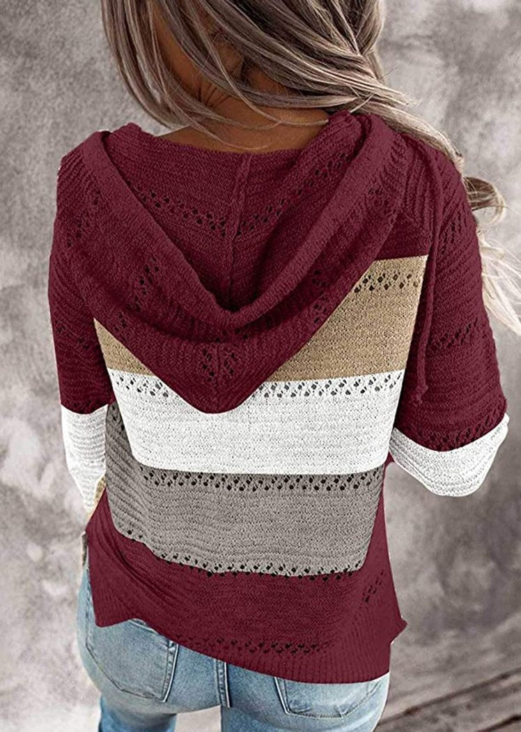 Fashion Women Striped Lightweight High-elastic Long Sleeves Hoodie Outerwear Pullover Knited Sweater