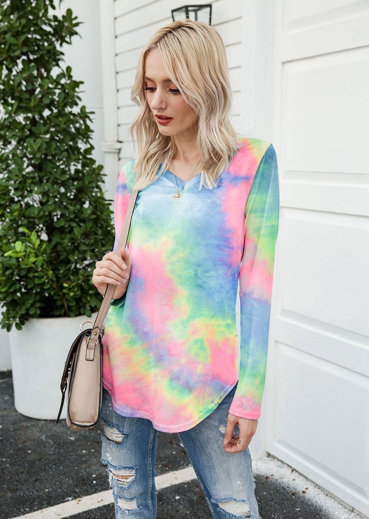 Chicvane New Tie Dye V-Neck Long Sleeve Top Shirts For Women