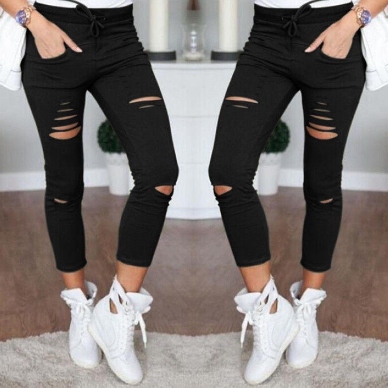 Women Skinny Ripped Pants High Waist Stretch Pencil Pants