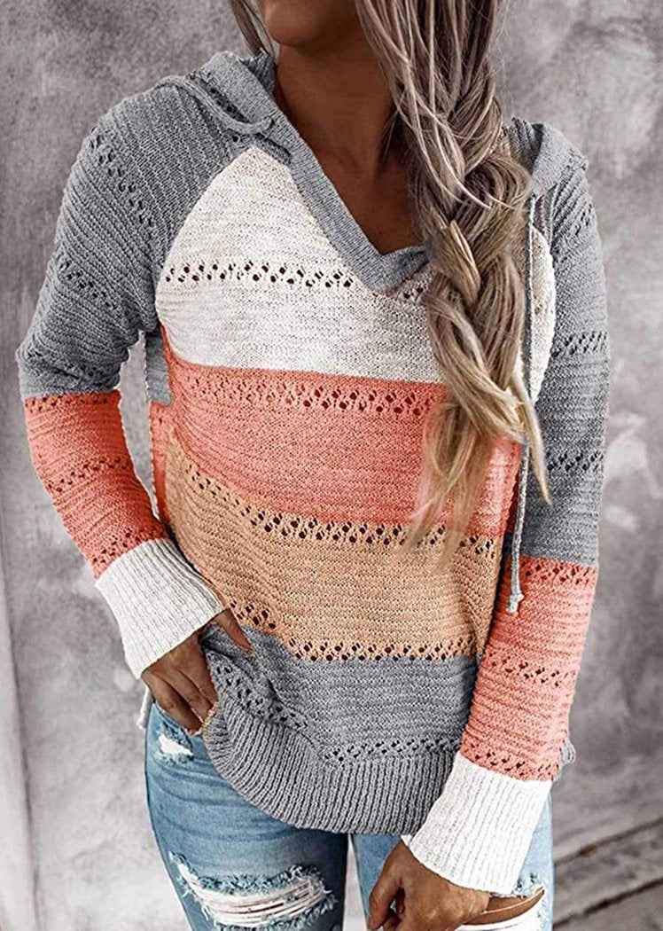 Fashion Women Striped Lightweight High-elastic Long Sleeves Hoodie Outerwear Pullover Knited Sweater