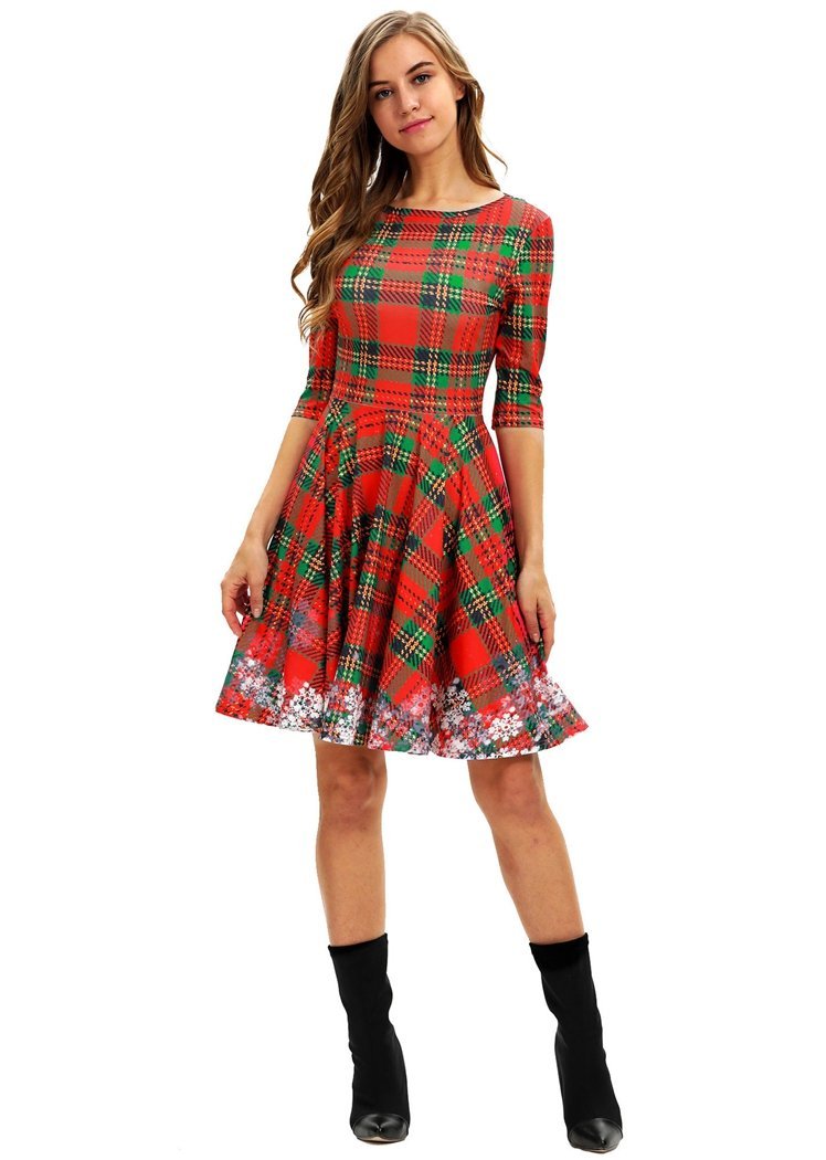 Fashion Women's Plaid Snowflake Printed Round Neck Short Sleeve Christmas Dresses
