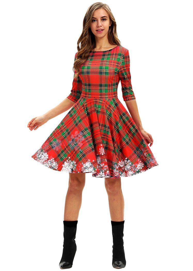 Fashion Women's Plaid Snowflake Printed Round Neck Short Sleeve Christmas Dresses