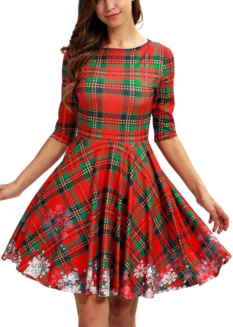 Fashion Women's Plaid Snowflake Printed Round Neck Short Sleeve Christmas Dresses