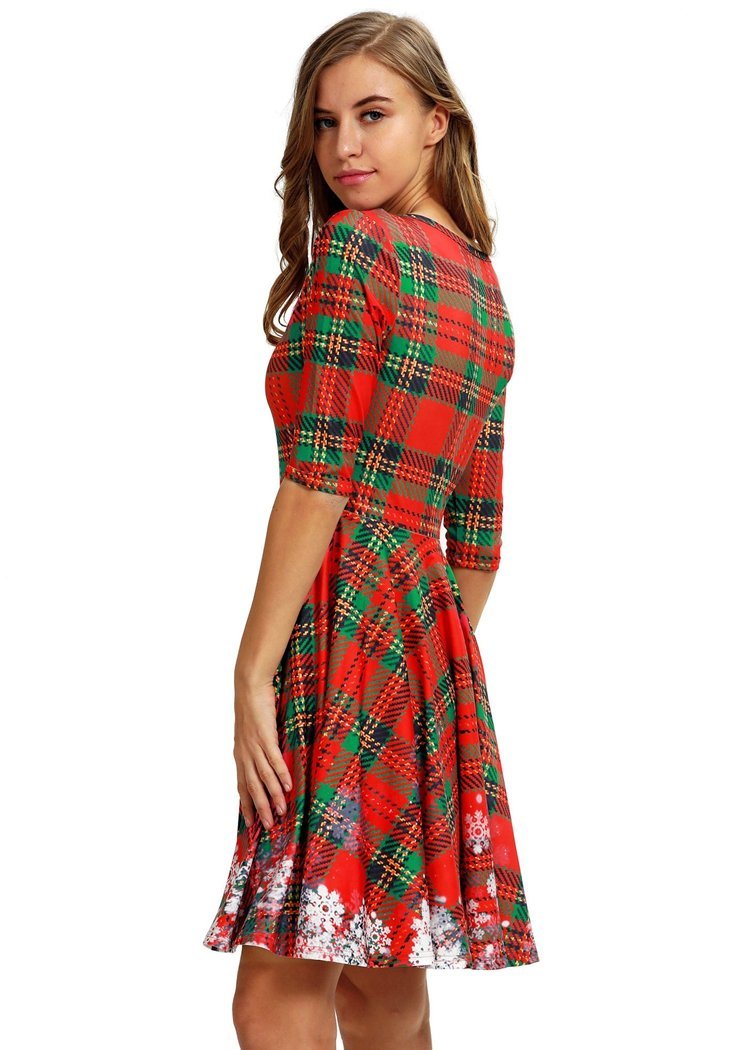 Fashion Women's Plaid Snowflake Printed Round Neck Short Sleeve Christmas Dresses