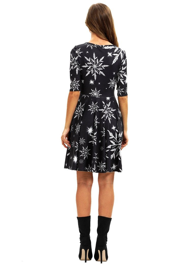 Fashion Snowflake Printed Round Neck Short Sleeve Christmas Dresses For Women