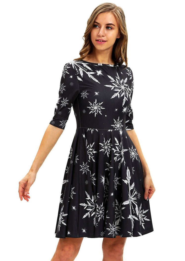 Fashion Snowflake Printed Round Neck Short Sleeve Christmas Dresses For Women