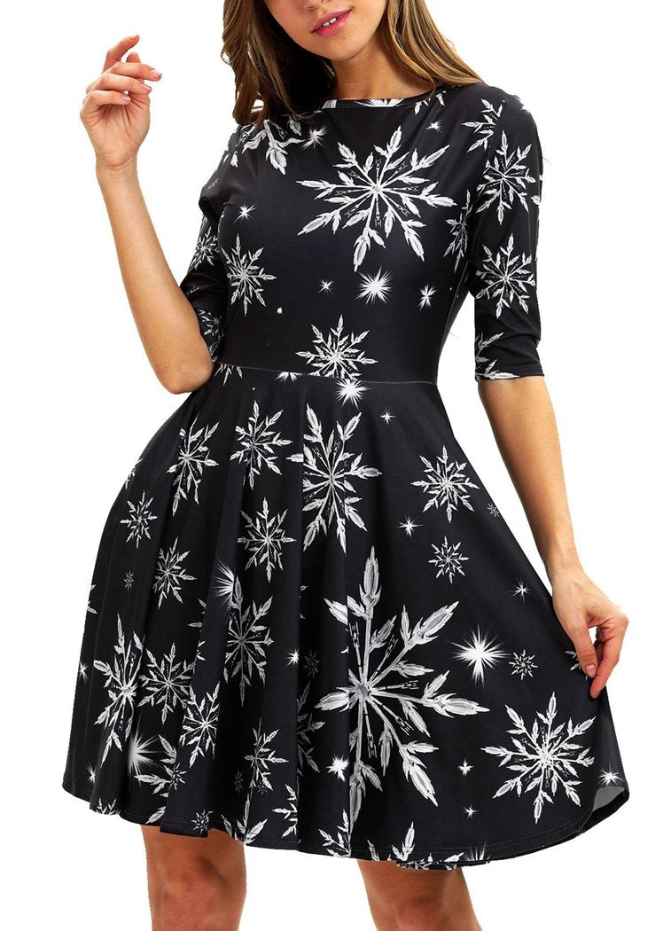 Fashion Snowflake Printed Round Neck Short Sleeve Christmas Dresses For Women