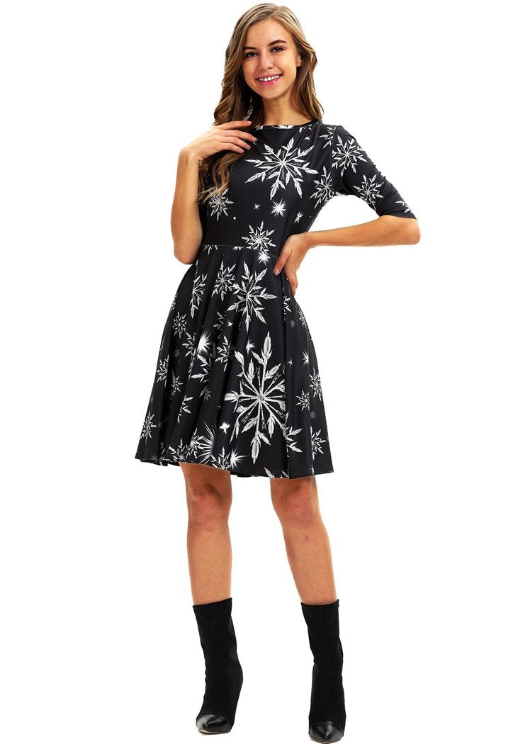 Fashion Snowflake Printed Round Neck Short Sleeve Christmas Dresses For Women