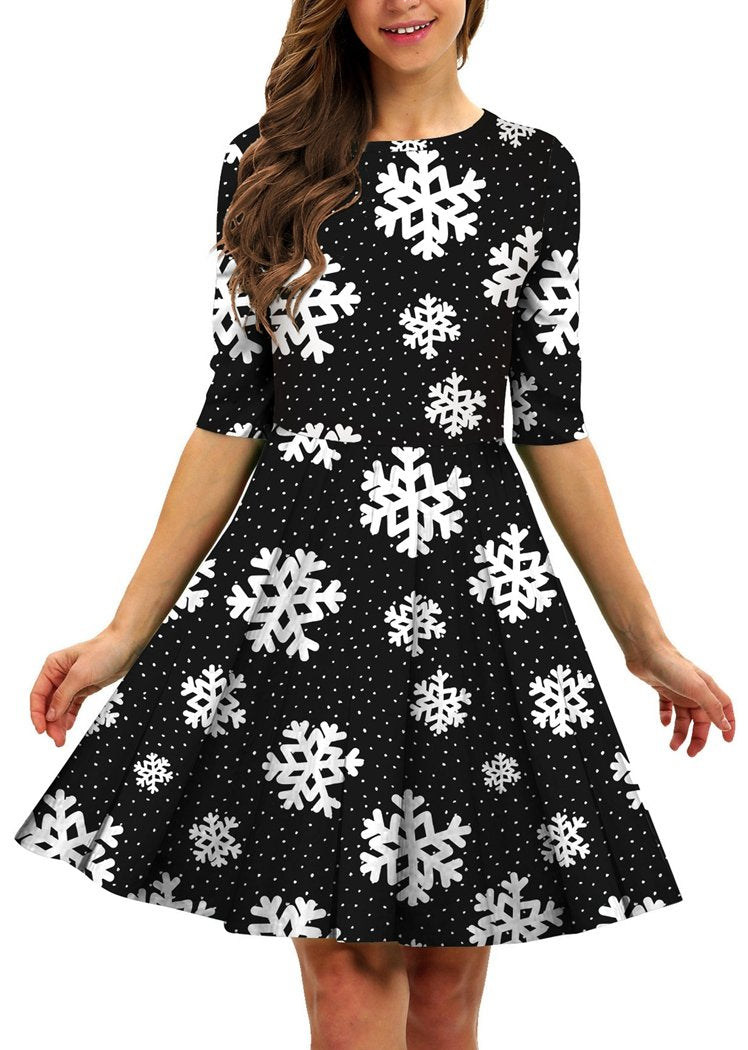 Fashion Snowflake Printed Round Neck Short Sleeve Christmas Dresses For Women