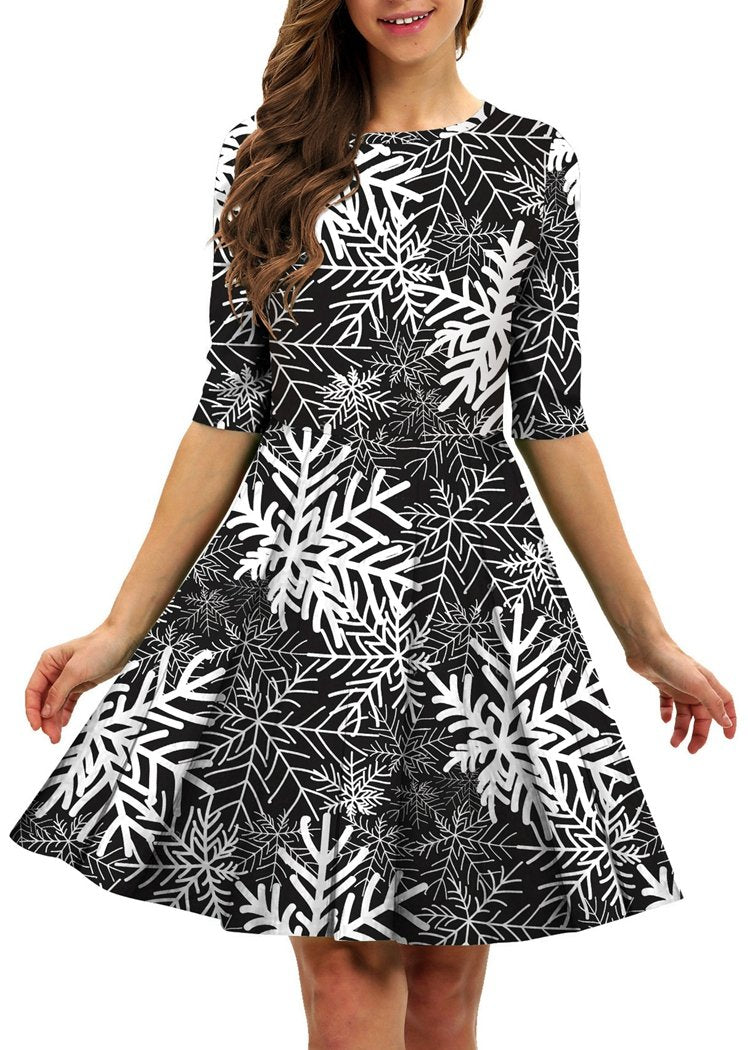 Fashion Snowflake Printed Round Neck Short Sleeve Christmas Dresses For Women