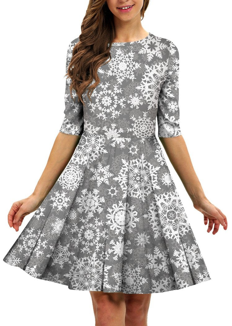 Fashion Women's Snowflake Printed Round Neck Short Sleeve Christmas Dresses